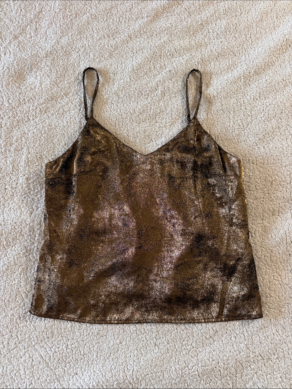 Self Contrast Metallic Brown Spaghetti-Strap Cami Top Small New